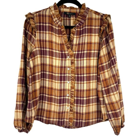 Frye Women's Ruffle Placket Flannel Plaid Top Maroon Gold Yellow Small - Picture 1 of 8